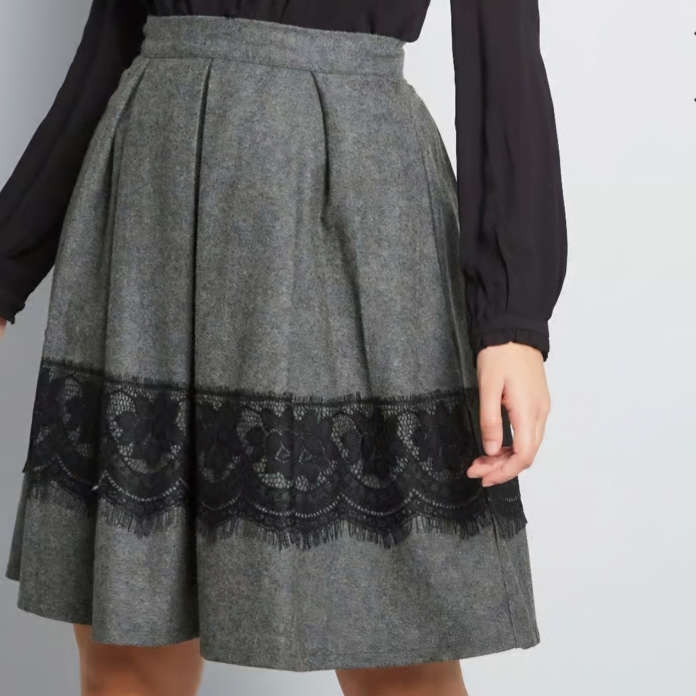 Modcloth Women's S Whirl Record A- Line Skirt Wool Blend Lace Trim Quiet Luxury